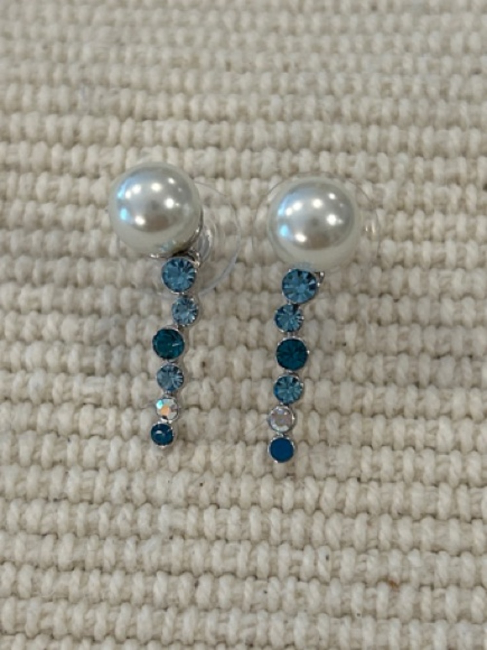 Pearl Top Earrings with Blue Crystal Drop Accent
